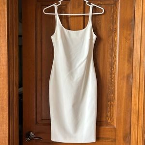 LIKELY scoopneck, low back fitted midi dress in white